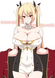 Rule 34 | 1girl, areola slip, azur lane, bare shoulders, blonde hair, blush, breasts, cameltoe, cleavage, covered erect nipples, covered navel, dress, hair ribbon, heart, heart-shaped pupils, large breasts, long hair, looking at viewer, nelson (azur lane), open mouth, panties, red eyes, ribbon, simple background, skin tight, solo, symbol-shaped pupils, tawashi1623, thigh gap, twintails, underwear, very long hair, white background, white panties