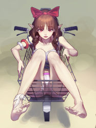 1girl, absurdres, bangs, barefoot, belt, bicycle, bicycle basket, blouse, blue camisole, bow, bow hairband, brown hair, camisole, collarbone, eyebrows visible through hair, feet, feet up, full body, ground vehicle, hair bow, hairband, highres, in basket, long hair, looking at viewer, looking up, mac star, open mouth, original, parted bangs, pink shorts, pointy ears, red bow, red eyes, short shorts, shorts, soles, solo, spaghetti strap, strap slip, striped camisole, teeth, toes, white camisole