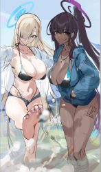 Rule 34 | asuna (blue archive), bikini, black hair, blue archive, blue eyes, blue jacket, braid, braided bun, breasts, cleavage, dark skin, day, hair bun, halo, jacket, karin (blue archive), large breasts, leg up, lemoneko, light brown hair, mole, mole on breast, multicolored bikini, multicolored clothes, navel, open clothes, open shirt, revision, shallow water, shirt, sketch, swept bangs, swimsuit, wading, water, white shirt, yellow eyes