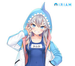 Rule 34 | 1girl, :d, bare shoulders, blue eyes, blue one-piece swimsuit, blush, breasts, collarbone, copyright name, covered navel, drawstring, fukanomi kafka, grin, hair ornament, hand in pocket, hand up, highres, hood, hooded jacket, iriam, jacket, long hair, long sleeves, looking at viewer, name tag, one-piece swimsuit, open clothes, open jacket, open mouth, re:shimashima, school swimsuit, sharp teeth, sidelocks, silver hair, simple background, slit pupils, small breasts, smile, solo, swimsuit, teeth, upper body, virtual youtuber, white background