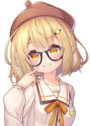 Rule 34 | 1girl, nanashi inc., absurdres, animare, bespectacled, blonde hair, collarbone, duplicate, glasses, hair between eyes, hair ornament, hairclip, hat, highres, inaba haneru (animare), medium hair, pixel-perfect duplicate, pointing, pointing at self, portrait, school uniform, simple background, smile, solo, virtual youtuber, wakagi repa, white background, yellow eyes