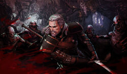 Rule 34 | 1boy, 4others, armor, belt, blood, bloody weapon, facial hair, fighting, forest, geralt of rivia, gloves, highres, holding, holding sword, holding weapon, medium hair, monster, multiple others, nature, nekker, open mouth, outdoors, red eyes, sword, the witcher (series), tree, weapon, weapon on back, white hair, witcher medallion, yama orce