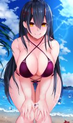 Rule 34 | 1girl, absurdres, artist name, azur lane, bikini, black hair, blush, breasts, cleavage, cloud, commentary request, cross, day, gluteal fold, hair between eyes, hair ornament, hands on own knees, highres, horns, large breasts, leaning forward, long hair, looking at viewer, monotosu, multi-strapped bikini, navel, oni horns, purple bikini, red horns, smile, solo, standing, string bikini, suzuya (azur lane), swimsuit, thigh gap, tongue, tongue out, very long hair, water, yellow eyes