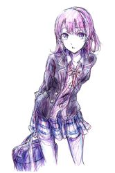 Rule 34 | 10s, 1girl, absurdres, arms behind back, bag, blazer, bow, bowtie, buttons, colored pencil (medium), gata2013, highres, isshiki iroha, jacket, leaning forward, looking at viewer, miniskirt, monochrome, open mouth, plaid, plaid skirt, purple theme, school bag, school uniform, sketch, skirt, solo, traditional media, white background, yahari ore no seishun lovecome wa machigatteiru.