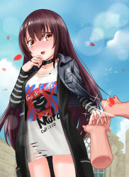 Rule 34 | 1girl, :d, bad id, bad pixiv id, bird, black choker, black coat, black jacket, blue sky, blush, brown eyes, brown hair, character name, choker, clothes writing, cloud, coat, collarbone, commentary request, day, disembodied hand, girls&#039; frontline, glint, gluteal fold, hair between eyes, hand to own mouth, hand up, highres, jacket, jacket on shoulders, jewelry, korean commentary, leather, leather jacket, long hair, long sleeves, nose blush, note2000, nz75 (girls&#039; frontline), open mouth, outdoors, panties, petals, print shirt, red panties, ring, shirt, sky, smile, solo focus, striped, striped sleeves, tears, torn clothes, torn shirt, underwear, very long hair, wedding band, white shirt