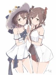 Rule 34 | 2girls, artist name, brown eyes, brown hair, closed mouth, collarbone, cropped legs, dated, double bun, dress, dual persona, flower, hair between eyes, hair bun, hat, hat flower, highres, kantai collection, kawashina (momen silicon), looking at viewer, multiple girls, short hair, signature, simple background, skirt, sun hat, tan yang (kancolle), white background, white dress, white skirt, yellow flower, yukikaze (kancolle)