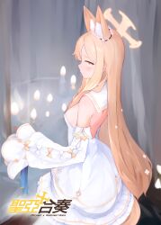 Rule 34 | 1girl, animal ear fluff, animal ears, bare shoulders, blonde hair, blue archive, blush, breasts, candle, chiyami, cruciform halo, detached sleeves, dress, flower, forehead, fox ears, gradient eyes, hair flower, hair ornament, halo, highres, long hair, looking at viewer, multicolored eyes, parted bangs, sailor collar, seia (blue archive), sidelocks, sleeves past fingers, sleeves past wrists, small breasts, smile, solo, white dress, white sailor collar, yellow eyes