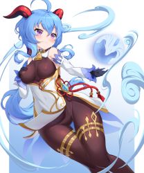 Rule 34 | 1girl, ahoge, bare shoulders, bell, black gloves, black pantyhose, blue hair, bluerabbit gap, bodystocking, breasts, breasts apart, chinese knot, covered erect nipples, cowbell, detached sleeves, floating hair, ganyu (genshin impact), genshin impact, gloves, goat horns, gold trim, hair between eyes, hand on own chest, highres, horns, impossible clothes, long hair, pantyhose, pelvic curtain, purple eyes, qilin (mythology), sidelocks, skin tight, skindentation, smile, solo, tassel, thighlet, thighs, very long hair, vision (genshin impact), wind, wind lift