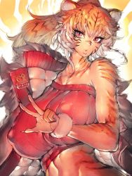Rule 34 | 1girl, 2022, animal ears, body fur, breasts, chinese zodiac, cropped sweater, fingernails, fumio (rsqkr), fur-trimmed jacket, fur cuffs, fur trim, furry, furry female, highres, jacket, large breasts, looking at viewer, multicolored fur, multicolored hair, new year, off shoulder, original, ponytail, ribbed sweater, sharp fingernails, single-shoulder sweater, sleeveless, sleeveless sweater, solo, sweater, tiger ears, tiger girl, tiger stripes, wrist cuffs, year of the tiger