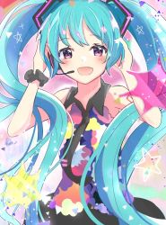 Rule 34 | 1girl, aoiyui, aqua hair, black necktie, black skirt, blush, commentary, hair ornament, hands on headphones, hands up, hatsune miku, headphones, headset, long hair, looking at viewer, multicolored clothes, necktie, open mouth, purple eyes, scrunchie, skirt, smile, solo, star (symbol), tell your world (vocaloid), triangle, twintails, upper body, very long hair, vocaloid, wrist scrunchie