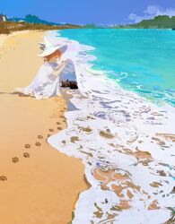 Rule 34 | 1girl, animal, beach, black cat, blue ribbon, blue sky, cape, cat, closed mouth, commentary request, day, dress, footprints, hands up, hat, hat ribbon, highres, hill, horizon, hydrokinesis, medium hair, mengxuanliart, ocean, orange hair, original, outdoors, paw print, profile, ribbon, sand, sideways glance, sky, sleeping animal, smile, solo, squatting, water, white cape, white dress, white hat, wide shot, witch hat