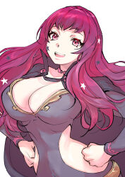Rule 34 | 1girl, :d, absurdres, belt, black cape, bodysuit, breasts, cape, chest strap, choker, cleavage, clothing cutout, commentary, facial mark, fire emblem, fire emblem engage, gold belt, grey bodysuit, hair ornament, hands on own hips, high collar, highres, large breasts, long hair, looking at viewer, nintendo, open mouth, pink choker, pink eyes, pink hair, pink pupils, side cutout, simple background, smile, solo, star (symbol), star facial mark, star hair ornament, teeth, ug333333, upper teeth only, white background, yunaka (fire emblem)