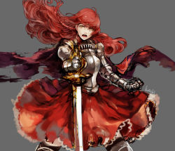 Rule 34 | 1girl, armor, braid, cape, dress, grey background, long hair, onitobico, open mouth, original, red hair, serious, solo, sword, weapon, yellow eyes