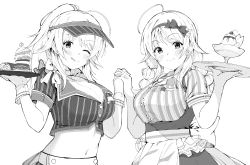 Rule 34 | ;d, absurdres, ahoge, alternate costume, apron, bad id, bad pixiv id, bow, braid, braided ponytail, breasts, cleavage, costume, cuffs, greyscale, hachimiya meguru, hair bow, highres, holding, holding hands, holding plate, idolmaster, idolmaster shiny colors, large breasts, looking at viewer, midriff, monochrome, navel, offton cover, one eye closed, open mouth, parfait, plate, ponytail, smile, twin braids, uniform, visor cap, waitress
