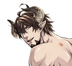 Rule 34 | 1boy, back, bad id, bad pixiv id, barawa, beard, brown eyes, brown hair, draph, facial hair, granblue fantasy, heartilly, horns, injury, male focus, open mouth, pointy ears, portrait, topless male, simple background, solo, teeth, white background