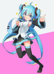 Rule 34 | &gt;:), 1girl, ahoge, bare shoulders, black footwear, black skirt, black sleeves, black thighhighs, blue eyes, blue hair, blue necktie, blush, boots, breasts, closed mouth, collared shirt, commentary, detached sleeves, full body, grey background, hair between eyes, hatsune miku, highres, long hair, long sleeves, mamagogo (gomaep), medium breasts, necktie, outstretched arm, pink background, shirt, skirt, sleeveless, sleeveless shirt, sleeves past wrists, smile, solo, standing, standing on one leg, thigh boots, thighhighs, tie clip, two-tone background, two side up, v-shaped eyebrows, very long hair, vocaloid, white shirt, wide sleeves