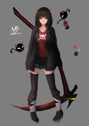 Rule 34 | 1girl, artist name, black footwear, black hair, black hoodie, black thighhighs, boots, closed mouth, collarbone, cross, cross necklace, demon horns, demon tail, full body, grey background, highres, holding, holding scythe, hood, hood down, hoodie, horns, jewelry, knee boots, looking at viewer, necklace, open clothes, open hoodie, original, pigeon-toed, print shirt, red eyes, red shirt, scythe, shimmer, shirt, simple background, skull and crossbones, solo, standing, tail, thighhighs, thighhighs under boots