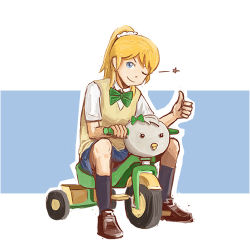 Rule 34 | 10s, 1girl, ;), ayase eli, blonde hair, blue eyes, dha315, love live!, love live! school idol project, lowres, minami kotori (bird), one eye closed, ponytail, school uniform, scrunchie, simple background, smile, solo, thumbs up, tricycle, vest
