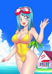 Rule 34 | 1girl, absurdres, beach, blue eyes, blue hair, blue sky, blunt bangs, blurry, breasts, casual one-piece swimsuit, cloud, cowboy shot, curvy, depth of field, diving mask, diving mask on head, dragon ball, dragonball z, goggles, goggles on head, happy, highleg, highleg swimsuit, highres, house, island, kame house, long hair, looking at viewer, maron (dragon ball), matching hair/eyes, medium breasts, ocean, one-piece swimsuit, outdoors, palm tree, skin tight, sky, smile, solo, standing, swimsuit, tree, wading, waving, weather vane, wide hips, yellow one-piece swimsuit, zeshgolden