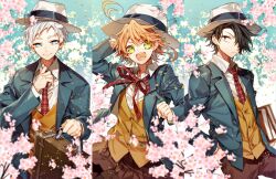 Rule 34 | 1girl, 2boys, ahoge, arm up, blue eyes, brown pants, brown skirt, brown vest, buttons, cherry blossoms, closed mouth, collared shirt, emma (yakusoku no neverland), flower, green eyes, looking at viewer, multiple boys, neck ribbon, necktie, norman (yakusoku no neverland), open mouth, orange hair, pants, pink flower, plaid, plaid necktie, plaid ribbon, plaid skirt, ray (yakusoku no neverland), red necktie, red ribbon, ribbon, sapphire (nine), shirt, short hair, skirt, smile, vest, white hair, white shirt, yakusoku no neverland