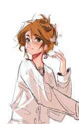 Rule 34 | 1girl, animification, blush, brown hair, commentary, crescent, crescent earrings, earrings, english commentary, freckles, green eyes, highres, jewelry, long sleeves, open hand, real life, self-portrait, shirt, smile, solo, tualptie, upper body, white background, white shirt