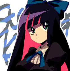 Rule 34 | 10s, 1girl, blunt bangs, bow, character name, colored inner hair, endou (hot handle), hair bow, long hair, lowres, multicolored hair, panty &amp; stocking with garterbelt, puffy sleeves, solo, stocking (psg), two-tone hair, upper body