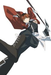 Rule 34 | 1boy, absurdres, axe, boots, highres, holding, holding weapon, jacket, looking to the side, pants, red eyes, red hair, solo, sousou no frieren, stark (sousou no frieren), weapon, white background, wqdofjpeqs63235