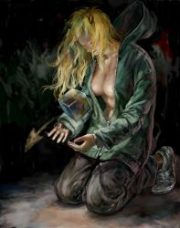 Rule 34 | 1girl, 999c, areola slip, blonde hair, breasts, cleavage, closed eyes, cube, cupping hands, demon horns, demon tail, dorohedoro, floating, floating object, full body, green jacket, grey pants, highres, hood, hood down, hooded jacket, horns, jacket, kneeling, large breasts, long hair, naked jacket, navel, nikaidou (dorohedoro), own hands together, pants, partially unzipped, shoes, sneakers, solo, tail, wavy hair, white footwear, wind