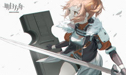 Rule 34 | 1girl, arknights, beagle (arknights), beagle (dreadnaught) (arknights), black gloves, black jacket, black shorts, breasts, chinese commentary, commentary, copyright name, cowboy shot, fur-trimmed jacket, fur trim, gloves, highres, holding, holding shield, holding sword, holding weapon, jacket, logo, medium breasts, medium hair, multicolored clothes, multicolored jacket, open clothes, open jacket, open mouth, orange eyes, orange hair, orange jacket, orange shirt, shield, shirt, short shorts, shorts, simple background, solo, strap, striped, striped background, sword, thighs, two-tone jacket, weapon, white background, wind, yetecong