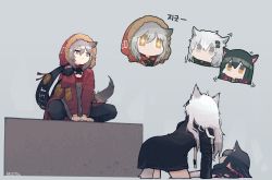 Rule 34 | + +, 3girls, all fours, animal ears, arknights, black coat, black hair, black pants, black shorts, chibi, chibi inset, coat, commentary request, crying, fur-trimmed coat, fur-trimmed hood, fur trim, grey background, grey eyes, grey hair, highres, hood, hooded coat, hooded jacket, jacket, kneeling, knees apart feet together, korean commentary, lappland (arknights), looking at another, looking down, lying, mask, mask around neck, multicolored hair, multiple girls, on back, pants, pouch, projekt red (arknights), red coat, red hair, red jacket, shorts, simple background, sitting, spread legs, straddling, tail, texas (arknights), translation request, two-tone hair, white hair, white jacket, wolf ears, wolf girl, wolf tail, yellow eyes, yuri, | |