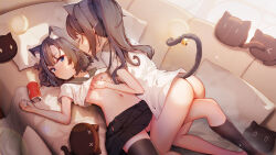 Rule 34 | 2girls, animal ear fluff, animal ears, bell, black hair, black sailor collar, black skirt, black thighhighs, blue eyes, blue nails, bottomless, breasts, cat ears, cat girl, cat-shaped pillow, cat tail, character request, closed eyes, closed mouth, commentary request, couch, girimi (virtuareal), hand on another&#039;s chest, highres, jingle bell, long hair, lying, miniskirt, multiple girls, nail polish, navel, nijisanji, on back, on couch, open clothes, open skirt, petite, pleated skirt, ponytail, sailor collar, sailor shirt, shirt, short hair, short sleeves, skirt, small breasts, tail, tail bell, tail ornament, thighhighs, thighhighs pull, variant set, virtual youtuber, virtuareal, white shirt, xiamu xunxi, yuri