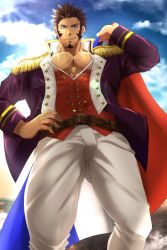 Rule 34 | 1boy, bara, beard, belt, blue eyes, brown hair, bulge, bursting pectorals, cloud, cloudy sky, day, epaulettes, facial hair, fate/grand order, fate (series), french flag, hand on own hip, highres, long sideburns, long sleeves, looking at viewer, male focus, military, military uniform, napoleon bonaparte (fate), pectorals, sky, smile, solo, thighs, uniform, user gwvt3742