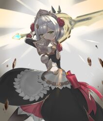 Rule 34 | 1girl, apron, armor, back bow, black skirt, bow, braid, breasts, chinese commentary, claymore (sword), commentary request, covered mouth, flower, genshin impact, green eyes, grey hair, hair flower, hair ornament, highres, holding, holding weapon, looking at viewer, maid, maid apron, maid headdress, medium breasts, noelle (genshin impact), red bow, red flower, red rose, rose, serious, short hair, shoulder armor, skirt, solo, weapon, zhifeng