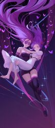 Rule 34 | 2girls, absurdres, bare shoulders, barefoot, blindfold, boots, breasts, bug, butterfly, carrying, carrying person, closed mouth, commentary, dress, drid, facial mark, fate/stay night, fate (series), feet, floating hair, forehead mark, full body, gradient background, highres, insect, knees together feet apart, legs, long hair, looking at viewer, matou sakura, medium breasts, medusa (fate), medusa (rider) (fate), multiple girls, night, purple background, purple dress, purple eyes, purple hair, romaji commentary, short dress, short sleeves, sky, soles, sparkle, star (sky), starry sky, strapless, strapless dress, thigh boots, thighs, toes, very long hair, white dress