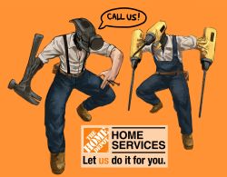 Rule 34 | 2boys, absurdres, belt, between fingers, boots, brown belt, brown footwear, chainsaw man, commentary, demon boy, drill, drill hand, english commentary, hammer, highres, holding, home depot, multiple boys, nail, no eyes, orange background, original, overalls, shirt, single hand, slapknutts, sleeves rolled up, speech bubble, suspenders, teeth, utility belt, white shirt, working