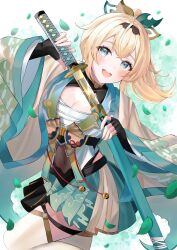 Rule 34 | 1girl, :d, aqua eyes, black gloves, blonde hair, blush, breasts, cleavage, cleavage cutout, clothing cutout, covered navel, fingerless gloves, gloves, highres, holding, holding sword, holding weapon, hololive, ibuki sho, japanese clothes, kazama iroha, kimono, long hair, looking at viewer, medium breasts, navel, open mouth, ponytail, smile, solo, sword, thighhighs, virtual youtuber, weapon, white thighhighs
