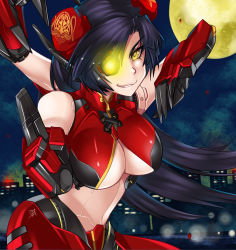 Rule 34 | 1girl, black hair, breasts, bun cover, cityscape, cleavage, cleavage cutout, clothing cutout, crimson typhoon, dos (james30226), double bun, dragon, eastern dragon, extra arms, eyepatch, facial hair, fighting stance, full moon, glowing, glowing eye, jaeger (pacific rim), joints, large breasts, legendary pictures, long hair, mecha musume, mechanical arms, midriff, moon, mustache, navel, pacific rim, pan pacific defense corps, personification, robot joints, smile, solo, underboob, underboob cutout, yellow eyes, yellow moon