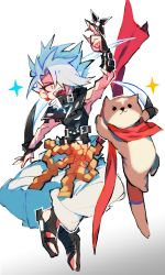 Rule 34 | 1boy, animal, arm blade, arm up, belt, blade, chipp zanuff, earrings, fangs, fingernails, gk s7, guilty gear, guilty gear strive, hair over one eye, highres, holding, holding weapon, jewelry, open mouth, red eyes, red scarf, scarf, sharp fingernails, shuriken, simple background, sparkle, weapon, white background, white hair