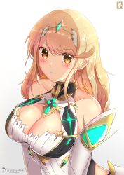 Rule 34 | 1girl, artist logo, blonde hair, blush, breasts, chinchongcha, cleavage, cleavage cutout, clothing cutout, elbow gloves, gloves, hair ornament, headpiece, highres, large breasts, lens flare, long hair, looking at viewer, mythra (xenoblade), nintendo, simple background, smile, solo, tiara, white background, xenoblade chronicles (series), xenoblade chronicles 2, xenoblade chronicles (series), xenoblade chronicles 2, yellow eyes
