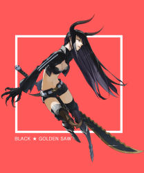 Rule 34 | 10s, 1girl, belt, bikini, bikini top only, black gold saw, black hair, black rock shooter, black thighhighs, boots, breasts, cleavage, cropped jacket, fingernails, highres, horns, huge weapon, jacket, justminor, king saw, long fingernails, long hair, medium breasts, navel, red background, red eyes, short shorts, shorts, solo, swimsuit, sword, thigh boots, thighhighs, very long hair, weapon