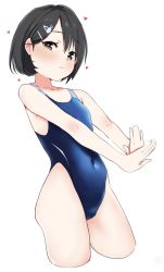 Rule 34 | 1girl, berserkert, black hair, blue one-piece swimsuit, blush, brown eyes, closed mouth, competition swimsuit, covered navel, flat chest, hair ornament, hairclip, heart, highres, idolmaster, idolmaster cinderella girls, looking at viewer, one-piece swimsuit, sasaki chie, short hair, simple background, solo, swimsuit, thighs, white background