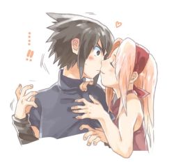 Rule 34 | ..., 1boy, 1girl, aisutabetao, black eyes, black hair, blush, closed eyes, forehead protector, hand on another&#039;s chest, hand on another&#039;s shoulder, haruno sakura, heart, imminent kiss, looking at another, naruto, naruto (series), pink hair, simple background, sleeveless, uchiha sasuke, upper body, white background