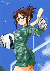 Rule 34 | 1girl, akizuki ritsuko, alternate costume, antenna hair, ball, barclays premier league, black-framed eyewear, blue sky, breasts, brown eyes, brown hair, camouflage, character name, clothes writing, cloud, cosplay, cowboy shot, dated, day, england, everton fc, folded ponytail, foreshortening, from side, glasses, gloves, goal, goalkeeper, hair bun, holding, idolmaster, idolmaster (classic), inoue sora, jersey, light smile, long sleeves, looking at viewer, medium breasts, orange eyes, outdoors, outstretched arm, pointing, semi-rimless eyewear, short hair, short shorts, shorts, side slit, sidelocks, single hair bun, single vertical stripe, sky, smile, soccer, soccer ball, soccer uniform, solo, sportswear, standing, taut clothes, tim howard, under-rim eyewear, updo