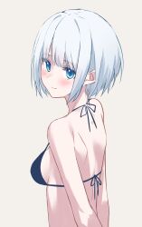 Rule 34 | 1girl, absurdres, bikini, black bikini, blue eyes, blush, breasts, closed mouth, commentary request, from behind, highres, kiona (giraffe kiona), looking at viewer, looking back, medium breasts, original, short hair, sidelocks, simple background, solo, swimsuit, white background, white hair