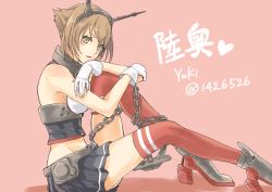 Rule 34 | 10s, 1girl, absurdres, artist name, ayano yuu (sonma 1426), bad id, bad pixiv id, breasts, brown hair, character name, gloves, green eyes, headgear, heart, highres, kantai collection, looking at viewer, miniskirt, mutsu (kancolle), personification, pleated skirt, red thighhighs, short hair, skirt, solo, thighhighs, twitter username