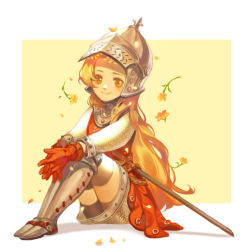 Rule 34 | 1girl, arm rest, armor, bad id, bad pixiv id, blonde hair, commentary, eyelashes, flower, full body, gauntlets, greaves, helmet, interlocked fingers, knees up, knight, long hair, long sleeves, looking at viewer, orange eyes, original, own hands clasped, own hands together, saeldam, simple background, sitting, smile, solo, sword, weapon, yellow background