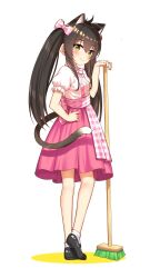Rule 34 | 1girl, absurdres, animal ears, apron, black hair, blush, bow, broom, cat ears, cat tail, closed mouth, fake animal ears, fake tail, go-1, hair between eyes, hair ribbon, hand on own hip, highres, holding, holding broom, idolmaster, idolmaster cinderella girls, idolmaster cinderella girls u149, long hair, looking at viewer, mary janes, matoba risa, pink apron, pink ribbon, pink skirt, puffy short sleeves, puffy sleeves, ribbon, shirt, shoes, short sleeves, simple background, skirt, smile, socks, solo, standing, tail, twintails, waist bow, white background, white shirt, white socks, yellow eyes