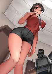 Rule 34 | 1boy, 1girl, bare arms, bare shoulders, black hair, black shorts, blush, breasts, ceiling, ceiling light, chair, feet out of frame, from below, giant, giantess, highres, id card, kkasi00, knees together feet apart, lanyard, large breasts, office, office lady, ponytail, red shirt, running bond, shirt, short hair, short shorts, shorts, sitting, standing, toilet symbol