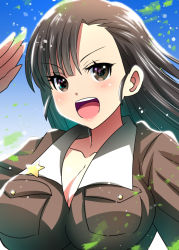 Rule 34 | 1girl, :d, ai wa muteki, asymmetrical bangs, black eyes, black hair, breasts, brown jacket, chi-hatan military uniform, cleavage, commentary, girls und panzer, jacket, large breasts, long hair, long sleeves, looking at viewer, military, military uniform, nishi kinuyo, open mouth, salute, smile, solo, star (symbol), straight hair, uniform, upper body