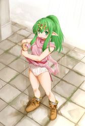 Rule 34 | 1girl, ankle boots, anklet, boots, bracelet, breasts, fang, fire emblem, fire emblem: mystery of the emblem, fire emblem awakening, forehead jewel, full body, green eyes, green hair, highres, jewelry, kasuga yukihito, matching hair/eyes, nintendo, panties, pointy ears, ponytail, rain, revision, scarf, sidelocks, small breasts, solo, tiki (fire emblem), tiki (young) (fire emblem), underwear, wet, wet clothes, wet panties, white panties, wringing clothes